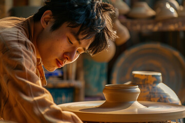 Generative AI photo craftsman shaping clay pot on spinning wheel in pottery studio surrounded by ceramic pieces