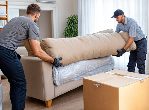 Two movers lifting sofa together in living room