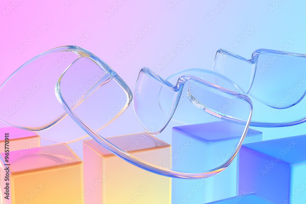 Poster abstract, fluid-shaped transparent glass forms overlap creating a dynamic and modern artistic design