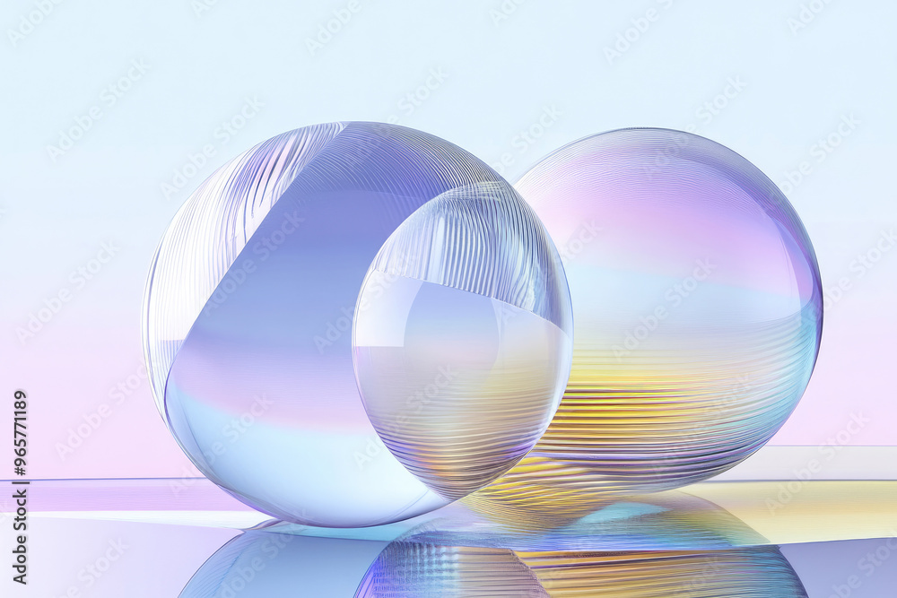 Poster a close-up of large overlapping spheres with colorful reflections and intricate patterns on their su