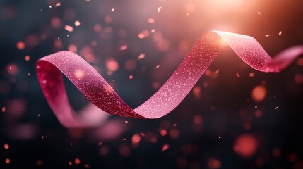Shiny pink ribbon gently twisting in the air with glittering particles