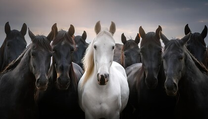 Obraz premium striking scene of a white horse standing prominently in the foreground, surrounded by a group of black horses. The background is shrouded in mist, creating a dramatic atmosphere.