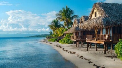 Fototapeta premium Thatched-Roof Cabanas Nestled at the Beachfront Retreat for Serene Vacation