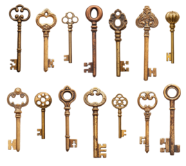 Set of vintage old keys isolated on transparent background. Generative AI