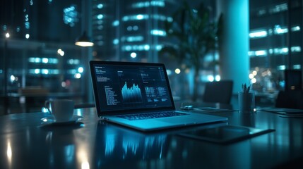 Laptop showing financial data on desk in modern office at night