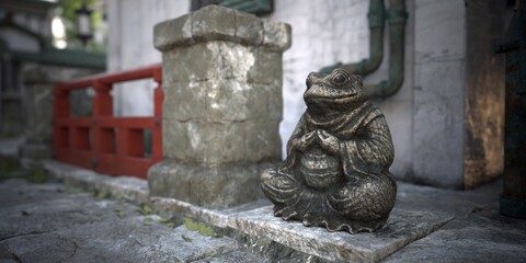 A bronze frog statue in a serene, traditional Asian courtyard with stone pavement and red railing. Photorealitic 3D illustration.