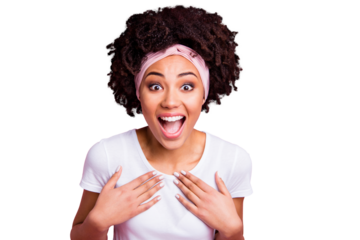 Close up photo beautiful amazing she her dark skin model lady unexpected news novelty not believe choice choose pick self herself wear head scarf casual white t-shirt isolated pink bright background