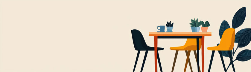 Minimalist modern dining area with colorful chairs, wooden table, and indoor plants on a neutral background. Cozy and inviting interior design.