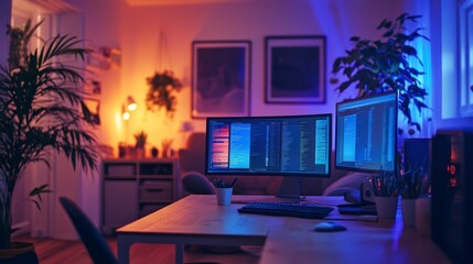 Modern home office setup with two monitors displaying code in a cosy atmosphere
