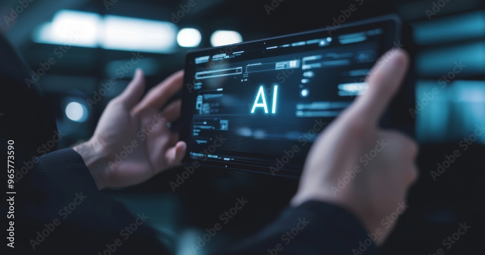 Poster virtual graphics, businessman using command prompt for generating something, futuristic technology t