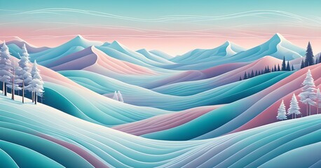 Christmas-themed abstract winter landscape with fluid, flowing lines representing snow-covered hills and trees in soft, pastel shades