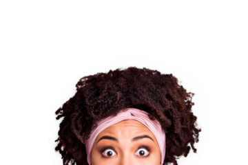 Close up photo beautiful amazing she her dark skin lady hide half facial expression big full fear eyes not talk tell speak say word wear head scarf casual white t-shirt isolated pink bright background
