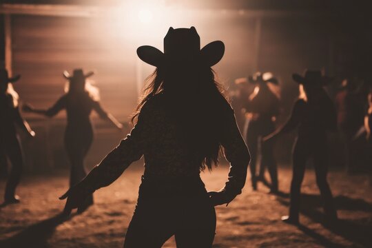 In a rustic barn, cowgirl line dancing takes place during an evening country dance event