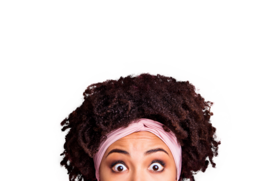 Close up photo beautiful amazing she her dark skin lady hide half facial expression big full fear eyes not talk tell speak say word wear head scarf casual white t-shirt isolated pink bright background