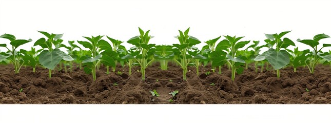 Distant view of green sprouts growing in the soil on a white background, isolated, PNG file.