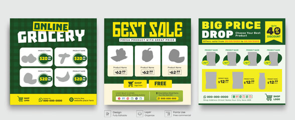Grocery Shop promotion catalog social media post set template, product catalog sale promotion web banner social media