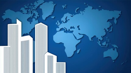 Modern skyscrapers with a world map background, symbolizing global business and urban development trends.