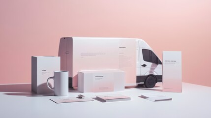 Minimalist branding mockup featuring delivery van and stationery