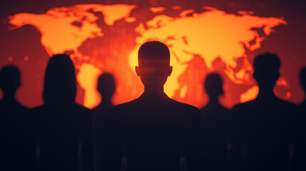 Silhouettes of people against a glowing red world map backdrop, symbolizing global connection and unity in a fiery, intense atmosphere.