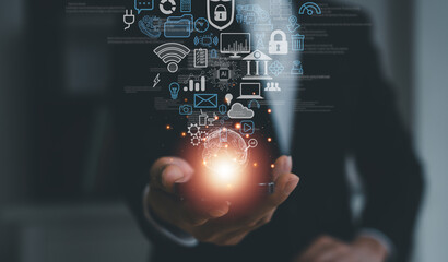 Businessman in connections worldwide networks concept for logistic, export, import, delivery, map, travel communication and international business technology by internet online in network globe icon