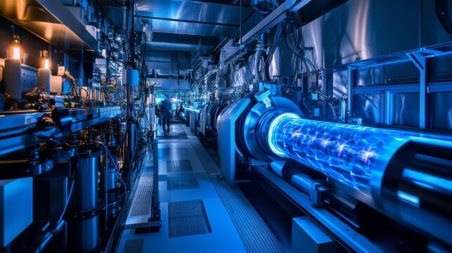 An advanced physics lab with lasers, particle accelerators, and complex machinery.