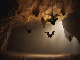 Bats hanging from a cave ceiling with shafts of light piercing through darkness