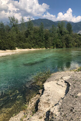 Beautiful Soča River View from the River Bank during a Sunny Summer Afternoon in Slovenia, Tolmin Province