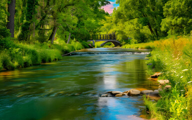 Fototapeta premium Tranquil River Scene with Bridge and Lush Green Foliage