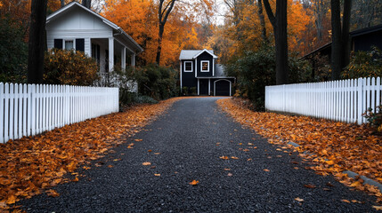 Fototapeta premium Beautiful autumn scene with a small house at the end of a gravel driveway lined with a white picket fence. The ground is covered in orange fall leaves.