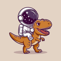 A cute, cartoon-style astronaut wearing a helmet that has a starry night sky inside. The astronaut is riding a vibrant orange dinosaur