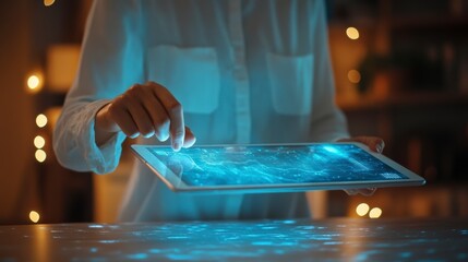 Businesswoman working with holographic interface showing financial data