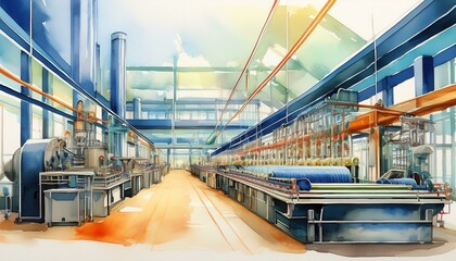 Obraz premium A meticulously detailed watercolor painting of a busy textile manufacturing plant