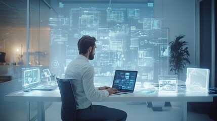 Businessman working with laptop and exploring big data with holographic interface