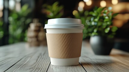 White cardboard coffee cup standing on a wooden table in a cafe