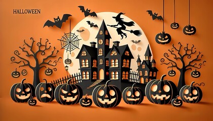 Happy halloween holiday concept. Halloween decorations, bats, ghosts on orange background. 
