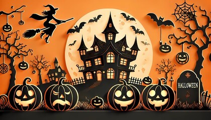 Happy halloween holiday concept. Halloween decorations, bats, ghosts on orange background. 