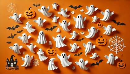 Happy halloween holiday concept. Halloween decorations, bats, ghosts on orange background. 