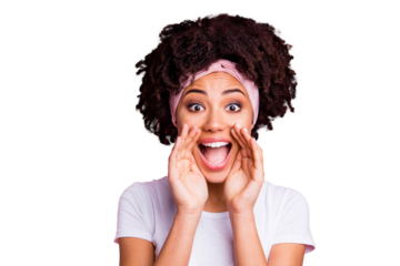 Close up photo amazing beautiful she her dark skin lady great cool event concert sale discount message arms hands help yell novelty wear head scarf casual white t-shirt isolated pink bright background