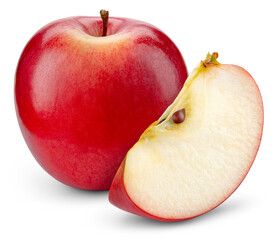 Red apple isolated png. Whole apple and a slice on transparent background. PNG format. Red apples with no background. Full depth of field.
