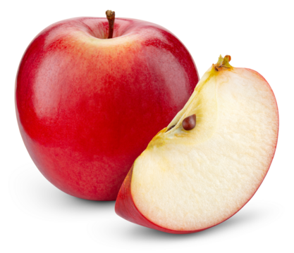 Red apple isolated png. Whole apple and a slice on transparent background. PNG format. Red apples with no background. Full depth of field.