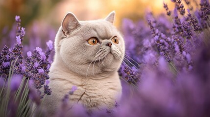 A fluffy cat sits among vibrant lavender flowers, creating a serene and picturesque scene.