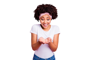 Portrait of her she nice-looking winsome sweet attractive charming cute lovely cheerful cheery wavy-haired girl holding invisible gift in hands isolated over pink pastel background
