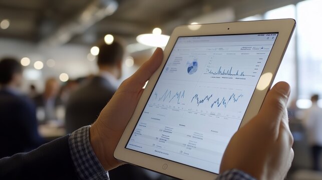 Businessman holding tablet showing financial charts in busy office - Powered by Adobe