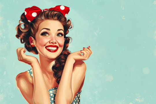 Smiling pin-up girl in a dress with polka dots on blue background. Pop art illustration for advertising.
