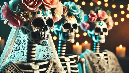 close-up image of the Mexican woman celebrating the Day of the Dead with traditional face paint and roses in her hair. Día de los Muertos makeup.