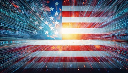 An abstract painting of the USA flag as a burst of digital data and binary code, representing technological advancement, Abstract, Digital Art, Hightech
