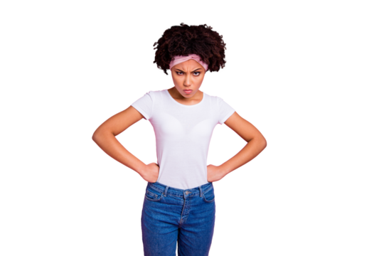 Portrait of her she nice-looking attractive charming cute lovely mad fury pessimistic wavy-haired girl hands on hips isolated over pink pastel background