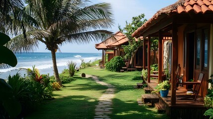 Fototapeta premium A row of charming beach bungalows with thatched roofs and wooden verandas overlooking a lush tropical garden and the turquoise ocean waves.