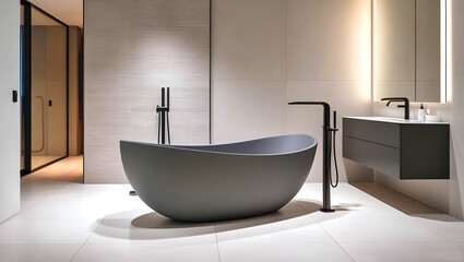 Modern Bathroom Design with Gray Color Bathware| Minimalist Elegance, Light Tiles, Floor-Mounted Faucet, and Floating Vanity | Contemporary Aesthetic with Natural Light and Neutral-Toned Finishes