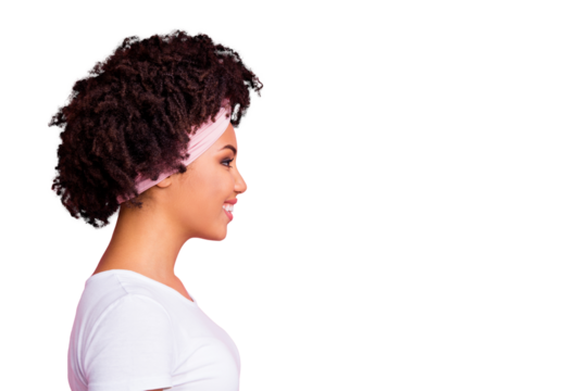 Close-up profile side view portrait of her she nice-looking fascinating charming cute attractive lovely winsome sweet cheerful cheery wavy-haired girl isolated over pink pastel background